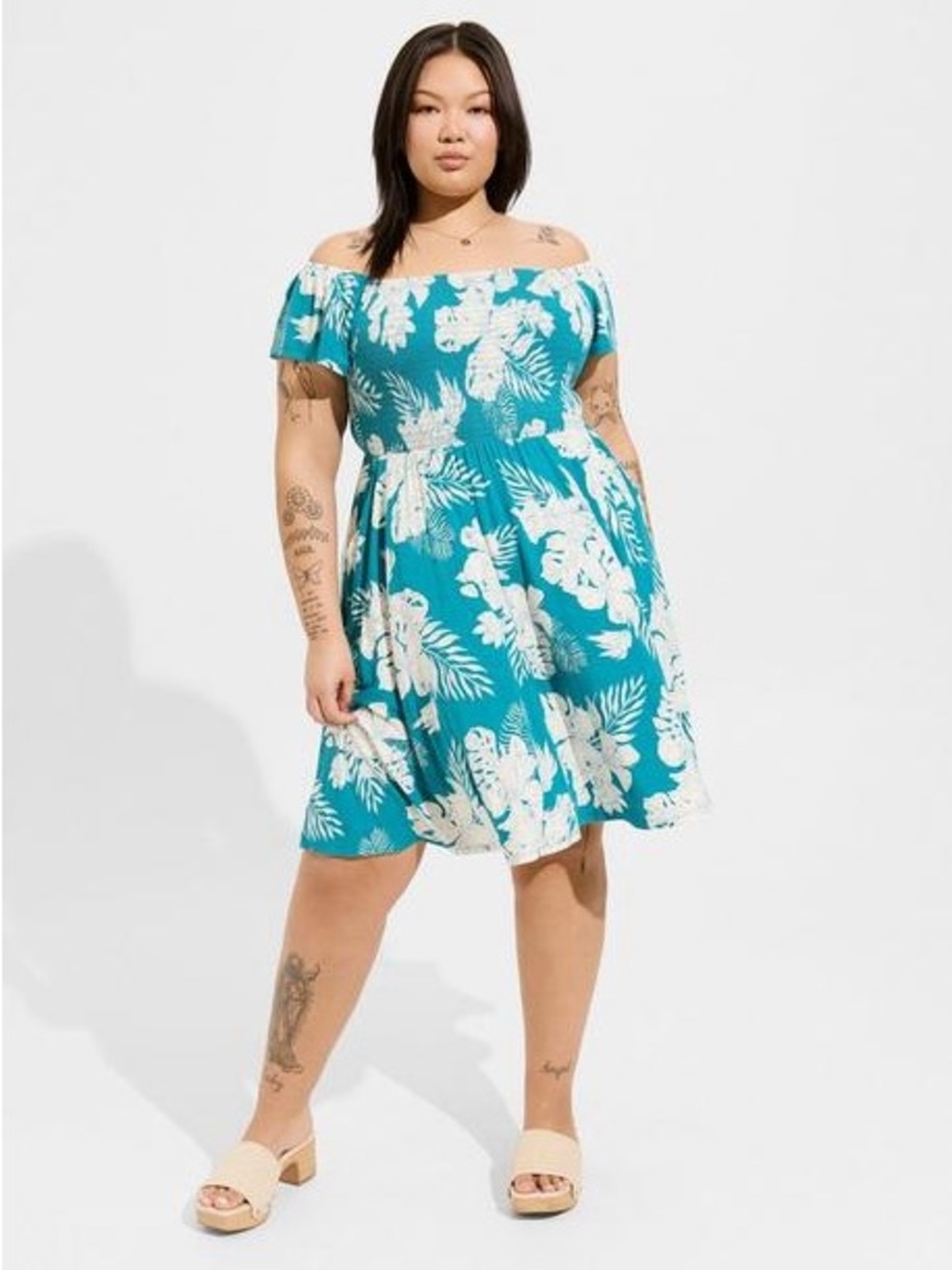 Torrid Mini Super Soft Off-Shoulder Tropical Floral Dress